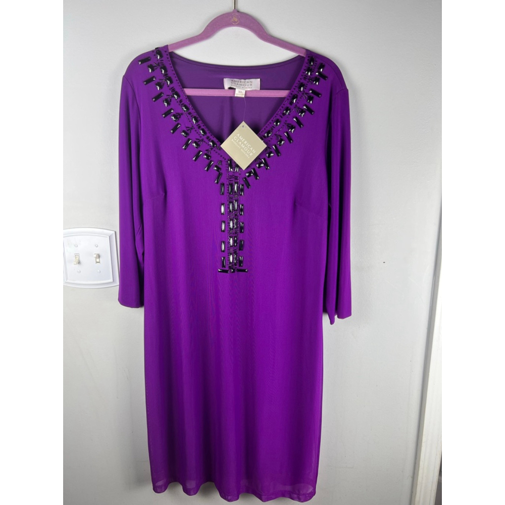 American Glamour Badgley Mischka Purple Embellished V-Neck Dress XL NWT